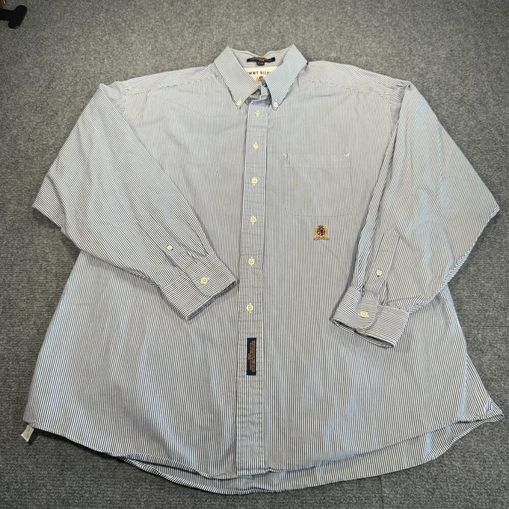Vintage Tommy Hilfiger Embroidered Crest Blue White Stripe Oxford Shirt 17.5-35